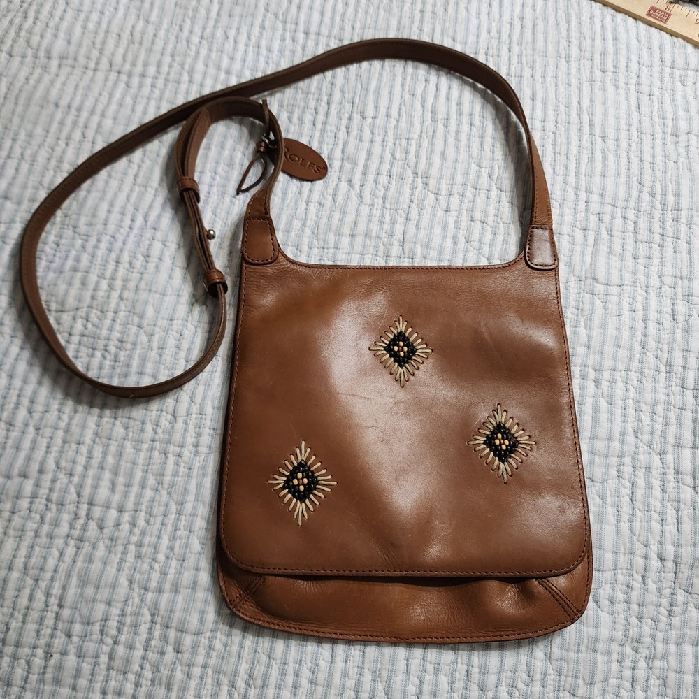 VTG Rolfs Brown Leather Crossbody Bag Beaded Southwestern Diamond Flap Purse